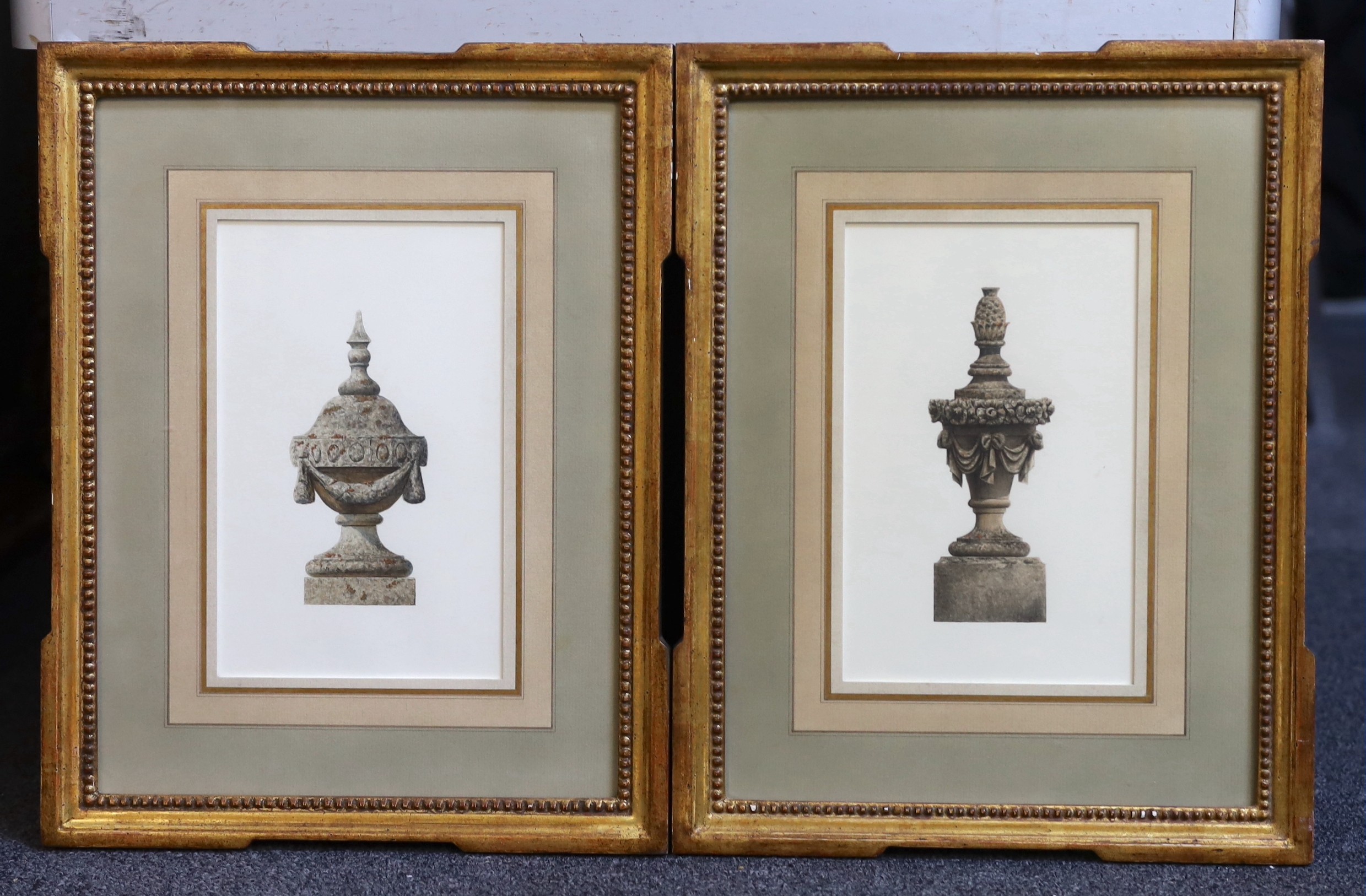 19th Century English School, Studies of stone garden urns from Ven House, Somerset and Bow Wood, watercolours, a pair, 21.5 x 13.5cm